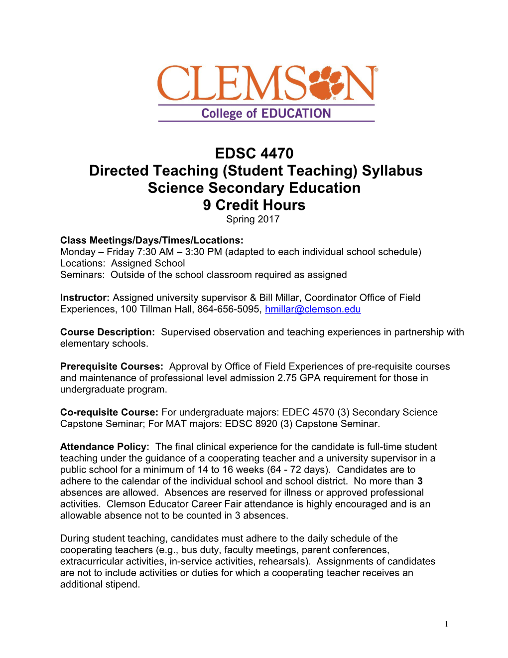 Directed Teaching (Student Teaching) Syllabus