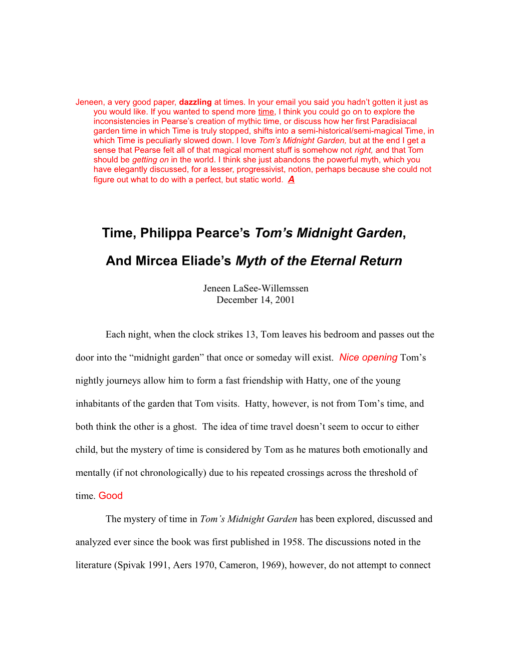 Eliade, Time, and Tom S Midnight Garden