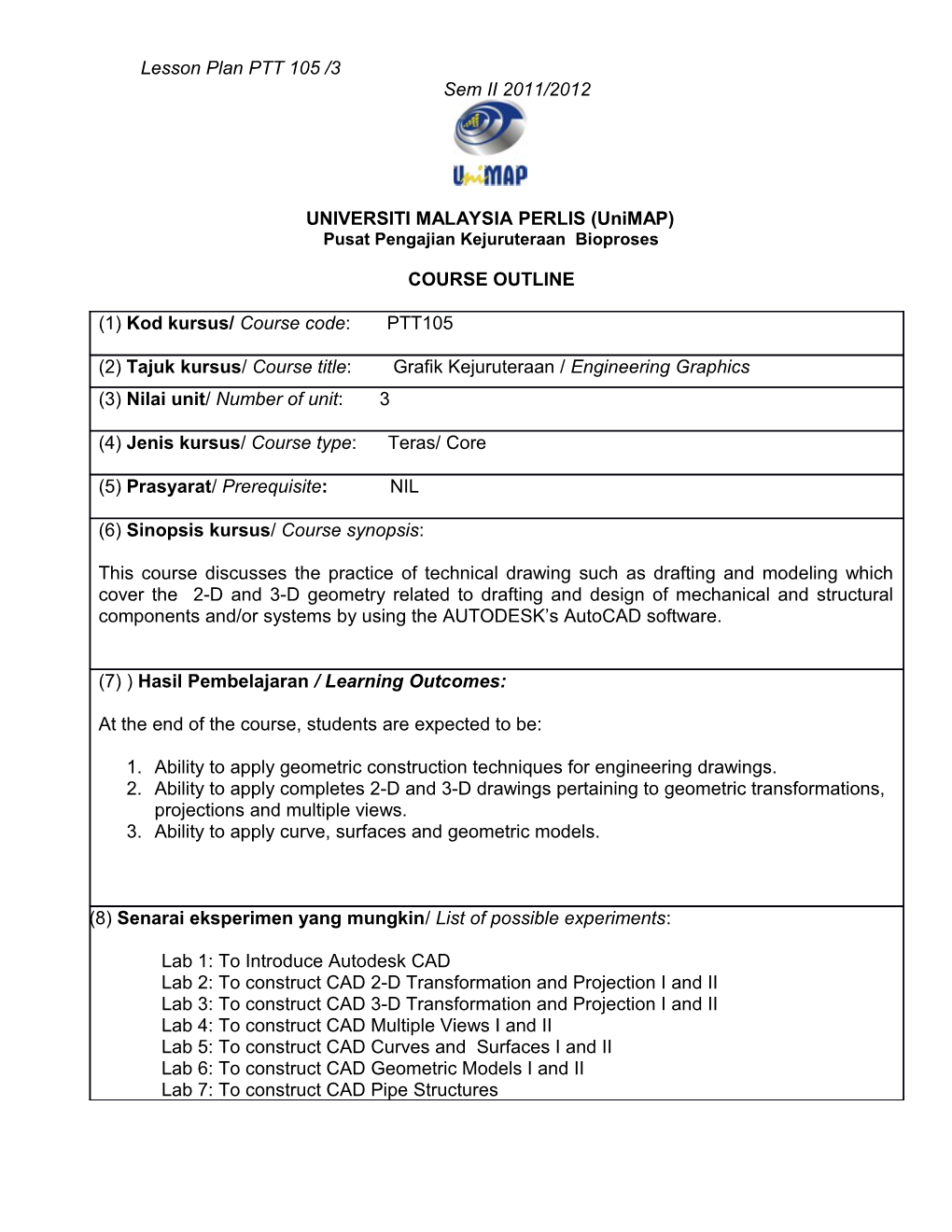 Lesson Plan PTT 105 /3 Sem II 2011/2012