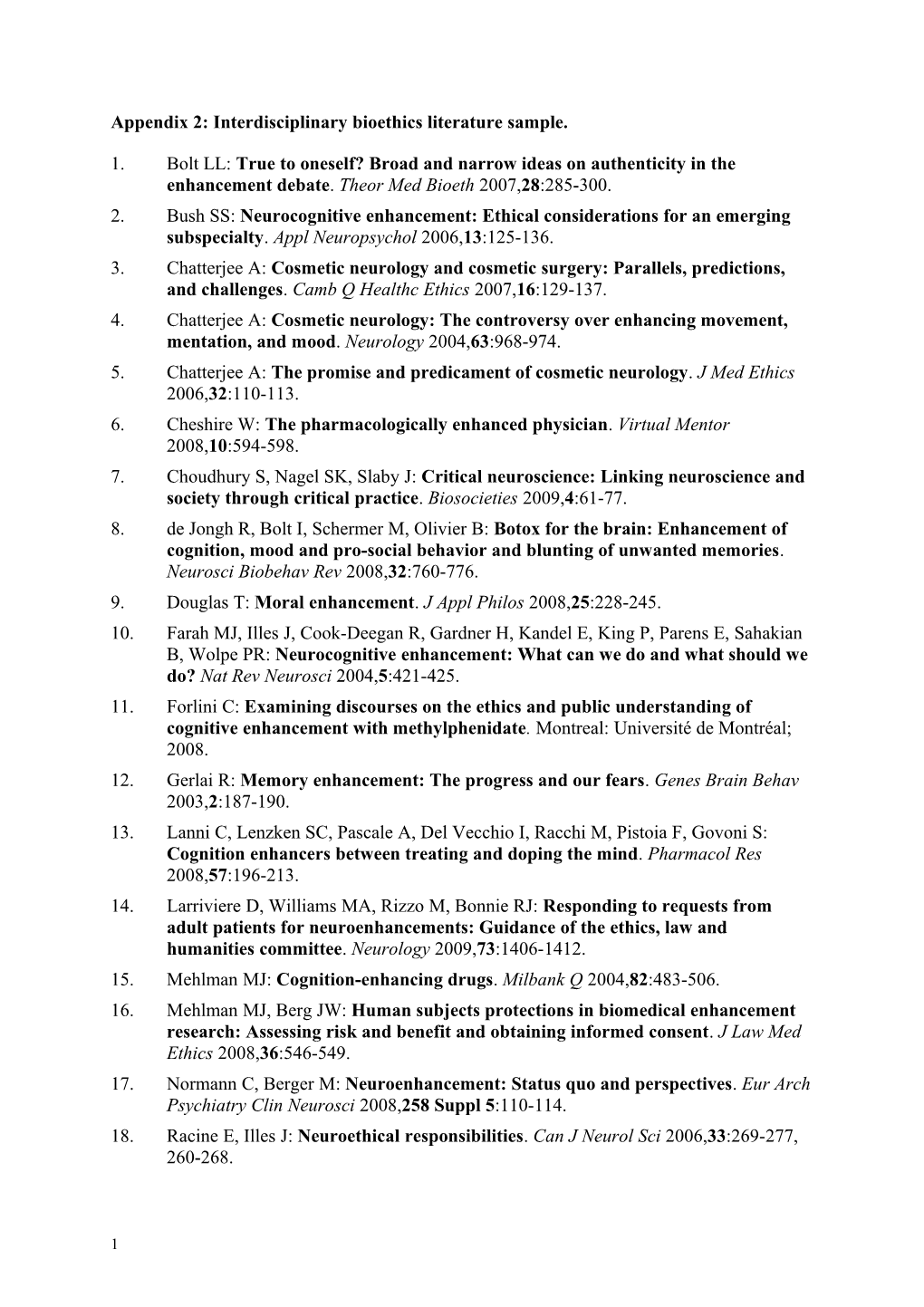 Appendix 2: Interdisciplinary Bioethics Literature Sample