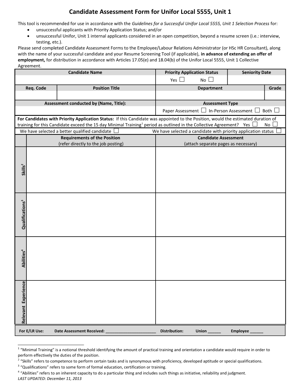 Candidate Assessment Form for Unifor Local 5555, Unit 1