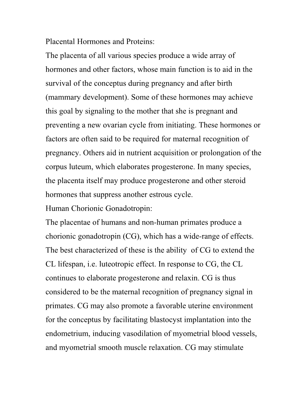 Placental Hormones and Proteins