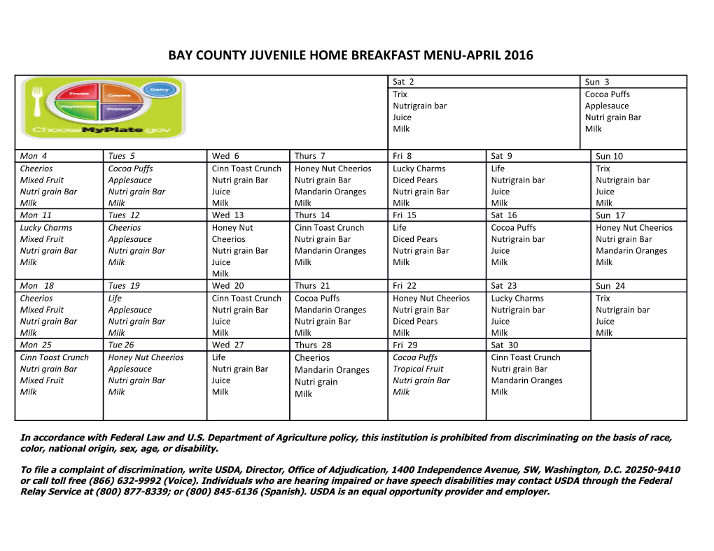 Bay County Juvenile Home Breakfast Menu-April 2016