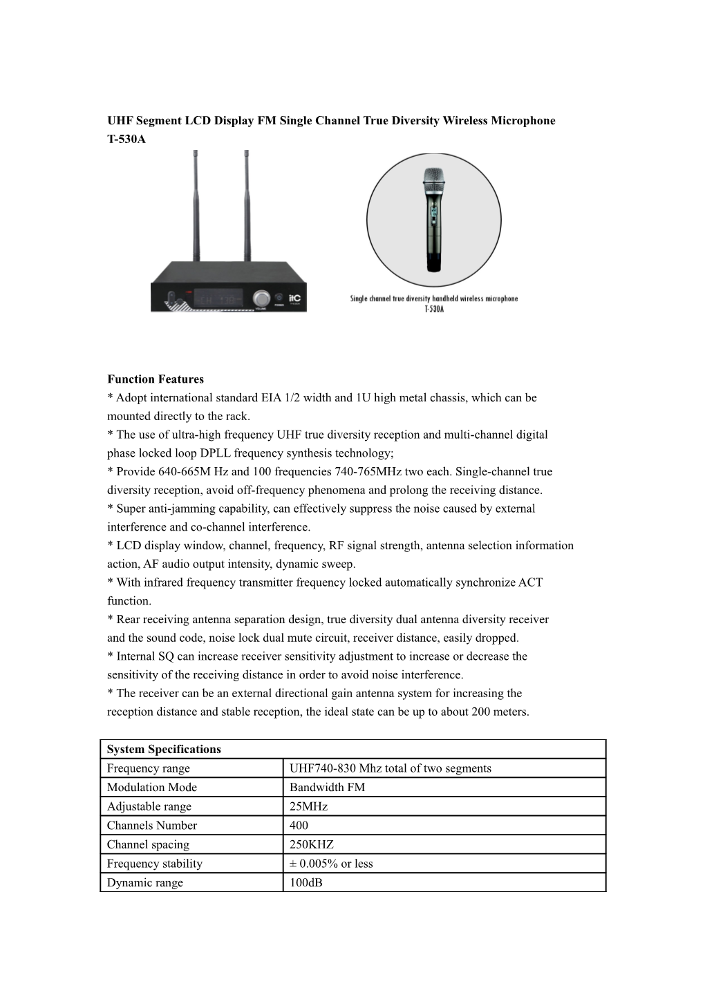 UHF Segment LCD Display FM Single Channel True Diversity Wireless Microphone