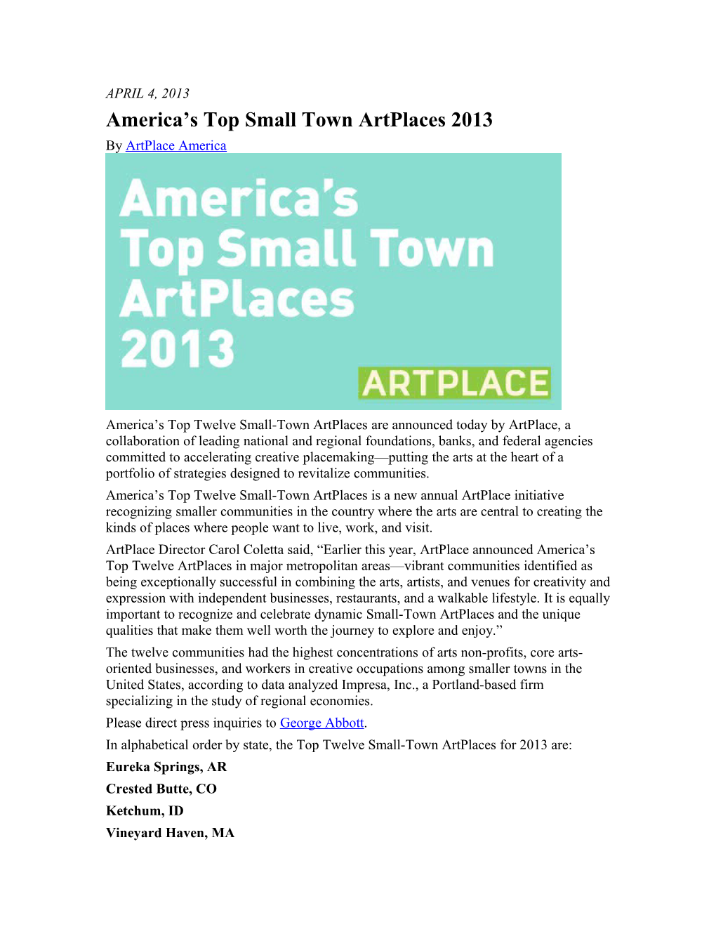 America S Top Small Town Artplaces 2013