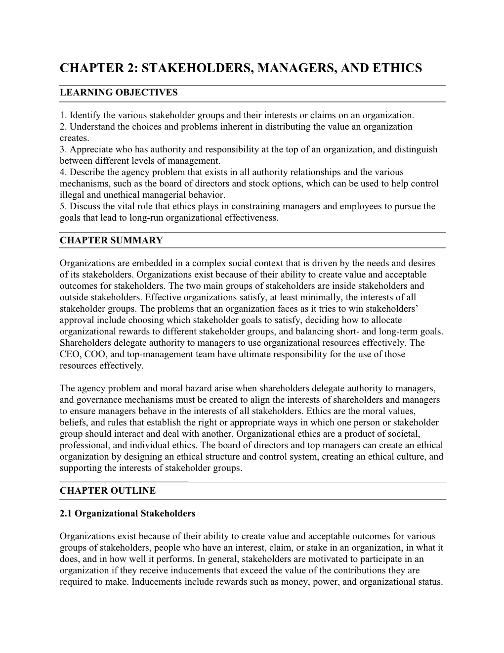 Chapter 2: Stakeholders, Managers, and Ethics