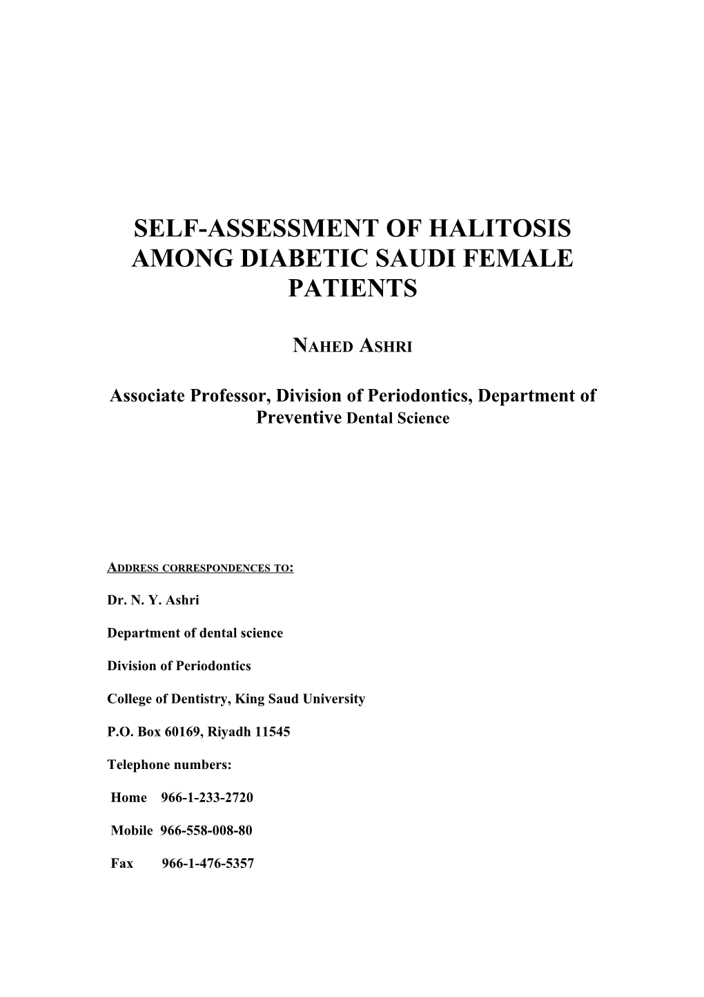 Self-Assessment of Halitosis Among Diabetic Saudi Female Patients