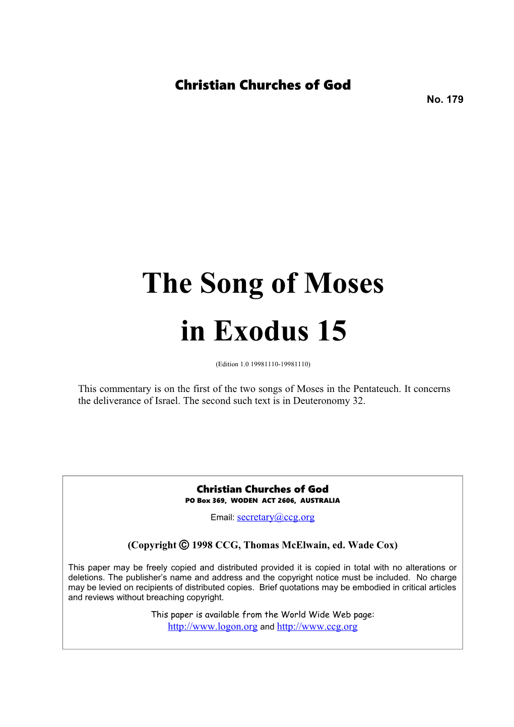 The Song of Moses in Exodus 15 (No. 179)