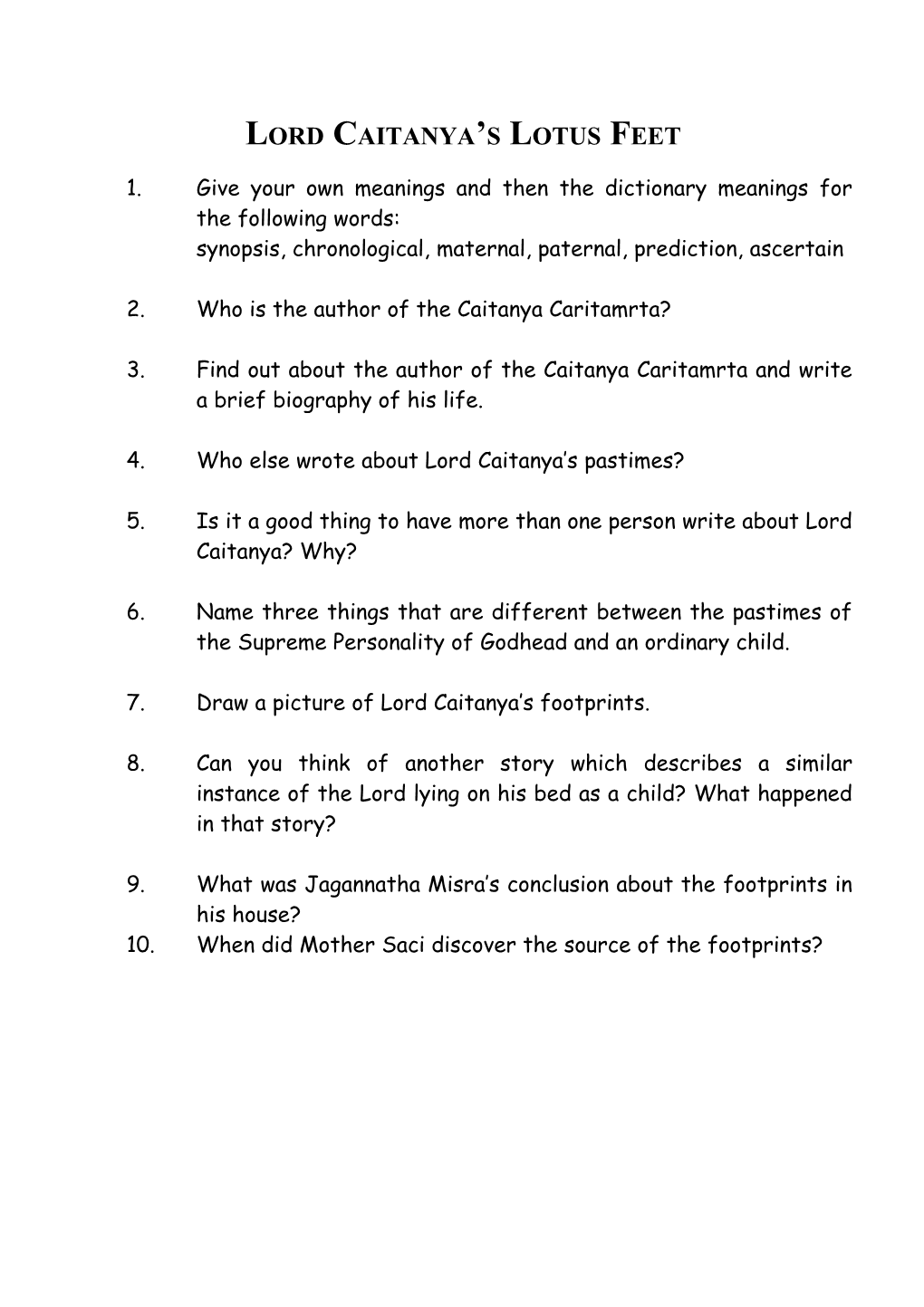 Comprehension Questions for Lord Caitanya S Appearance