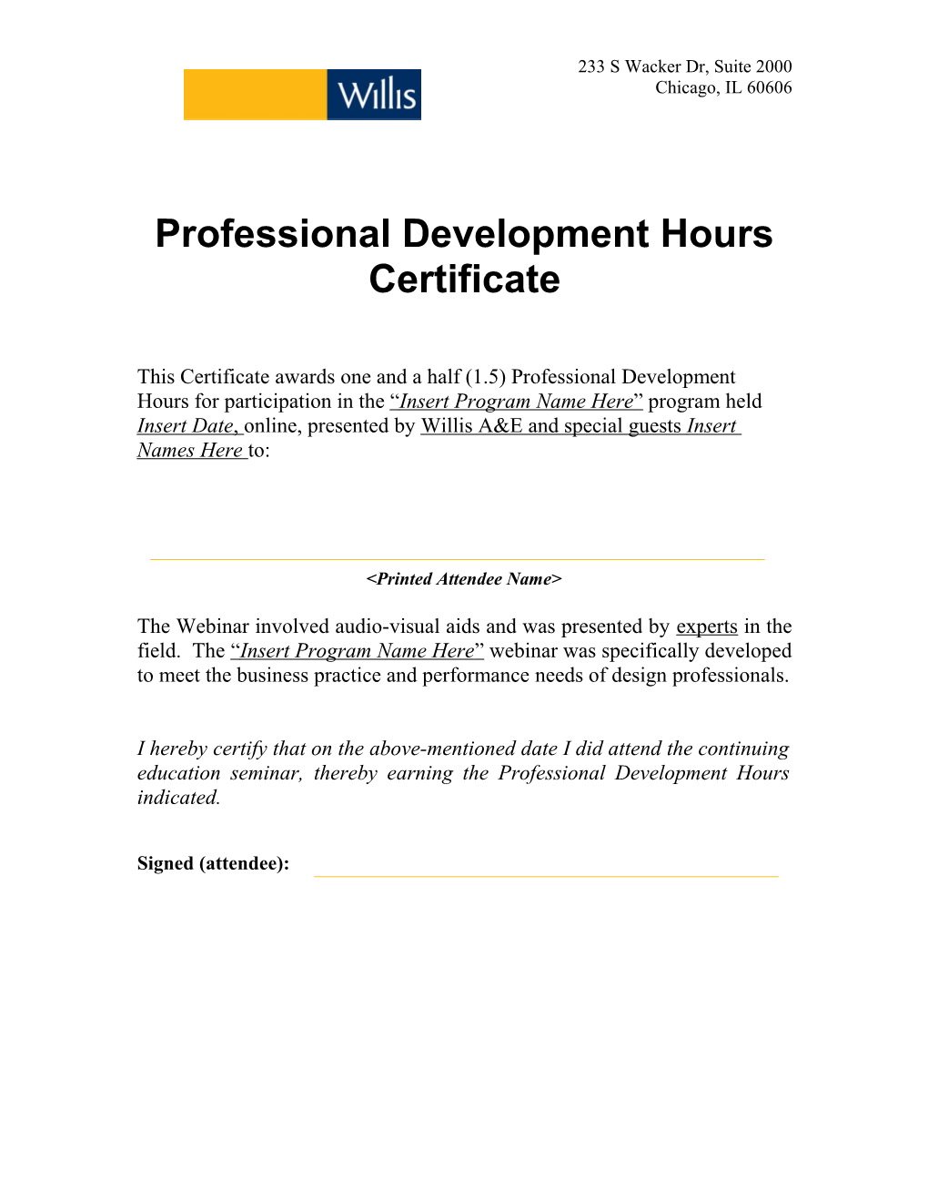 Professional Development Hours Certificate