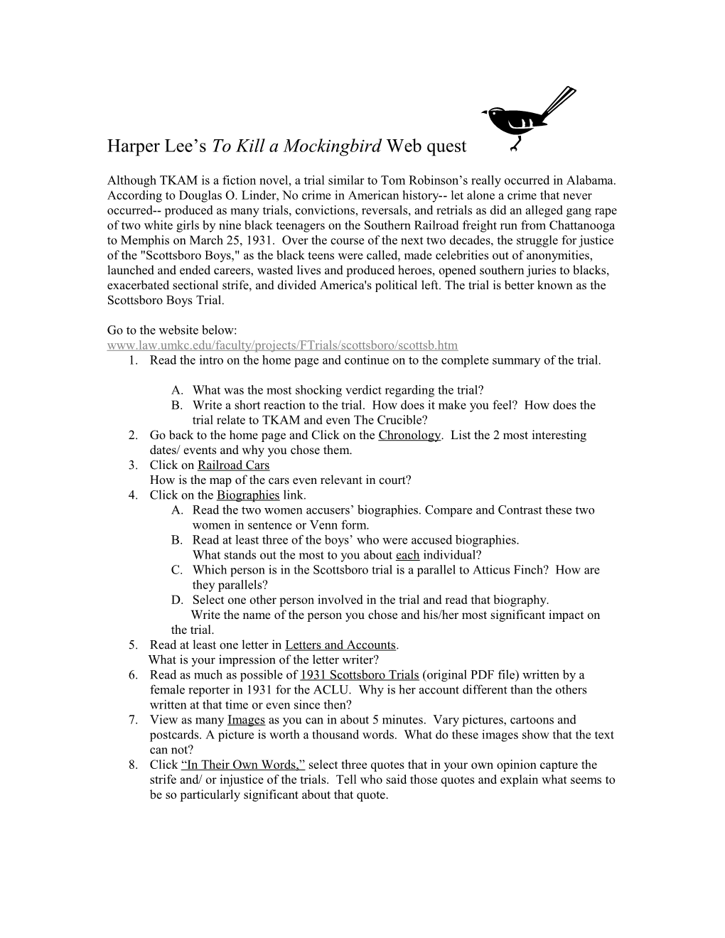 Harper Lee S to Kill a Mockingbird Webquest
