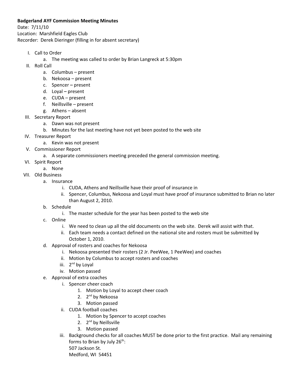 Badgerland AYF Commission Meeting Minutes