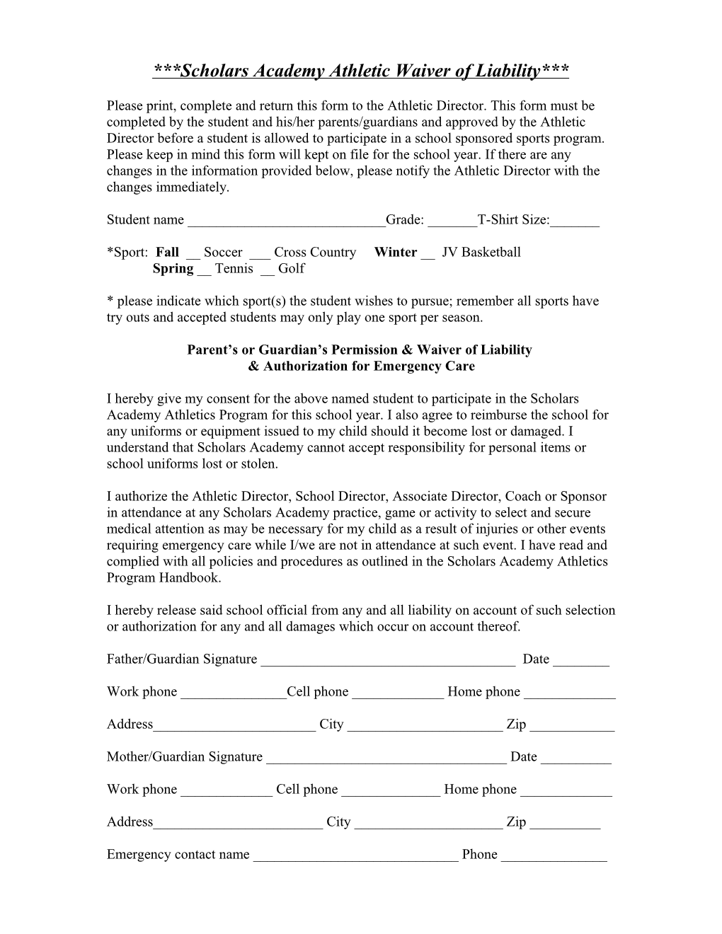 Scholars Academy Athletic Waiver of Liability
