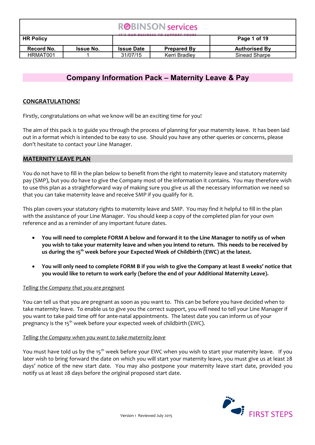 Company Information Pack Maternity Leave & Pay