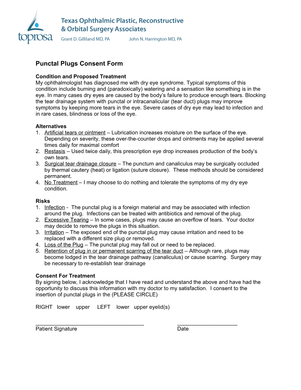 Punctal Plugs Consent Form