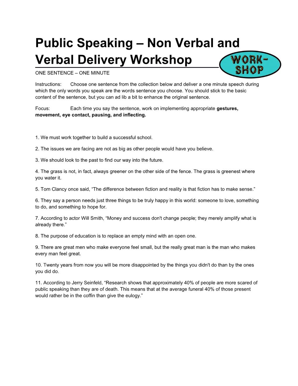 Public Speaking Non Verbal and Verbal Delivery Workshop