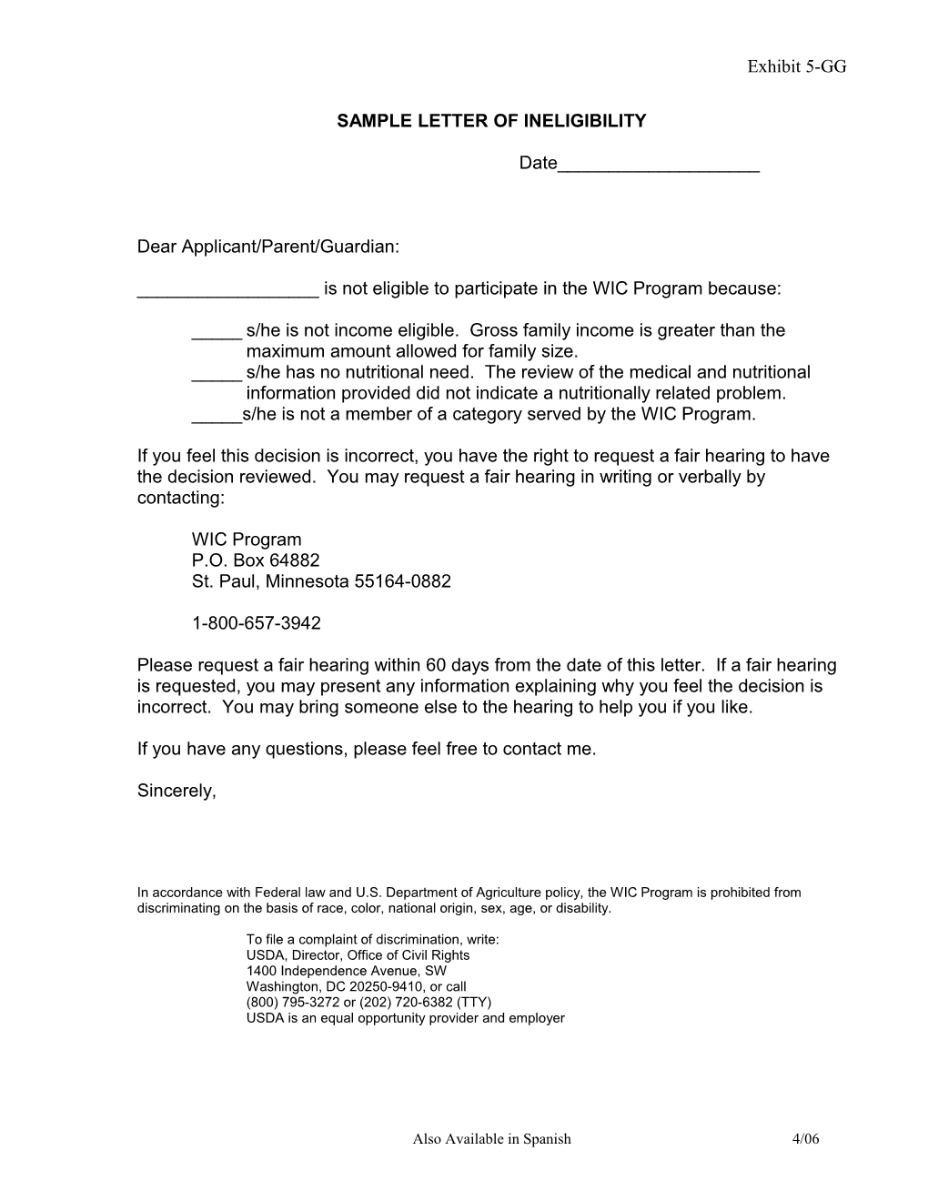 Sample Letter Of Ineligibility