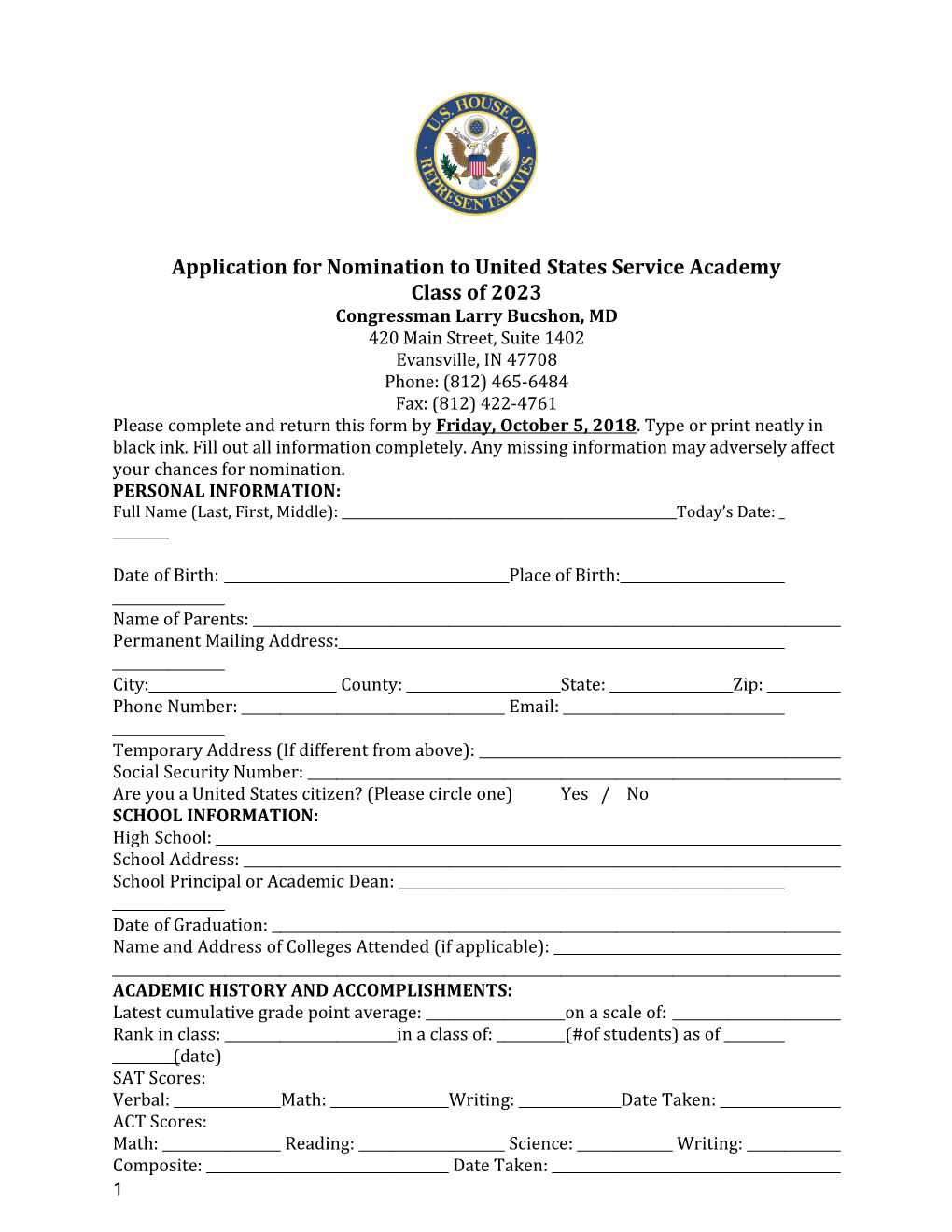 Application for Nomination to United States Service Academy Class of 2023