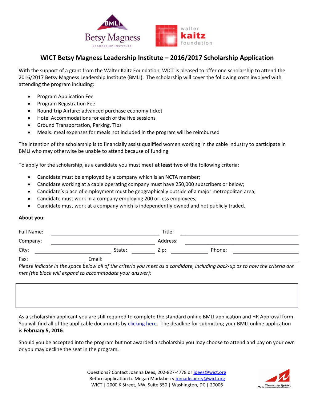 WICT Betsy Magness Leadership Institute 2016/2017 Scholarship Application