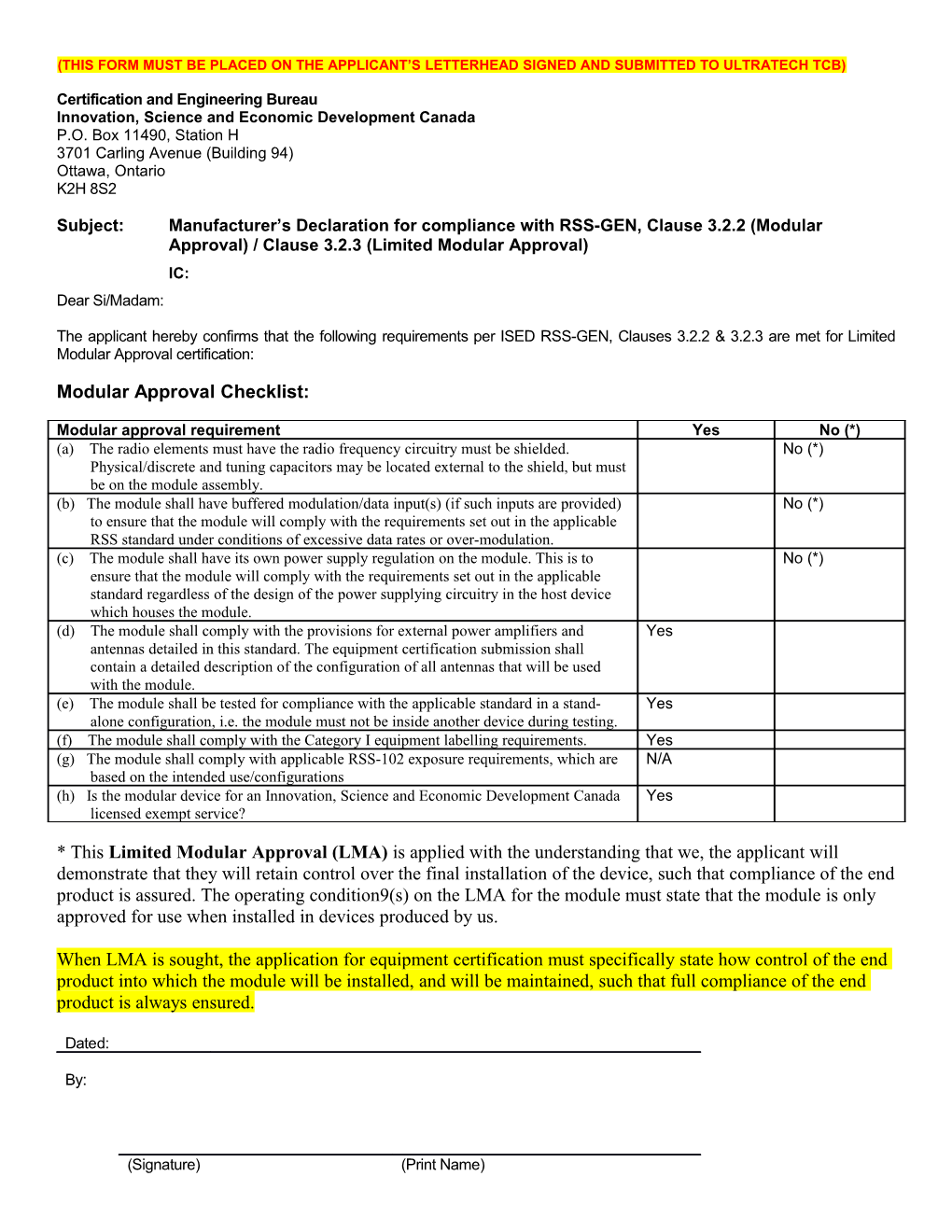 This Form Must Be Placed on the Applicant S Letterhead Signed and Submitted to Ultratech Tcb