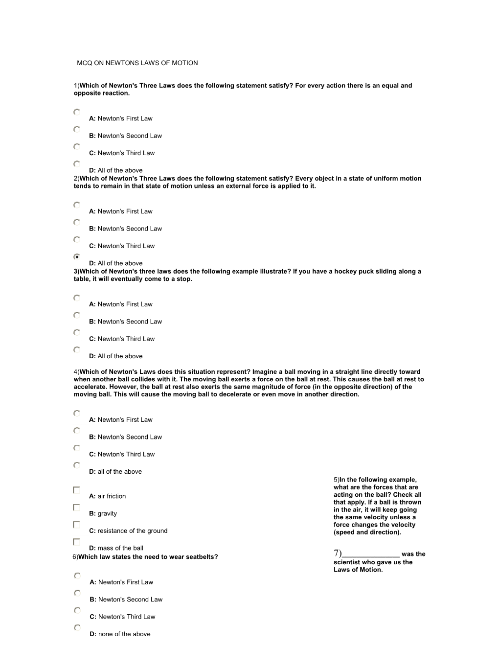 Mcq on Newtons Laws of Motion