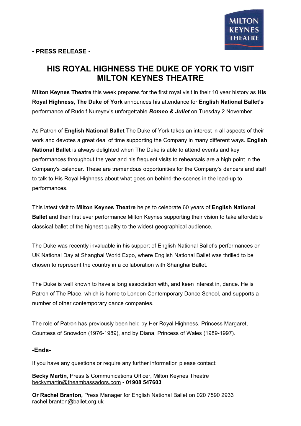 His Royal Highness the Duke of York to Visit Milton Keynes Theatre