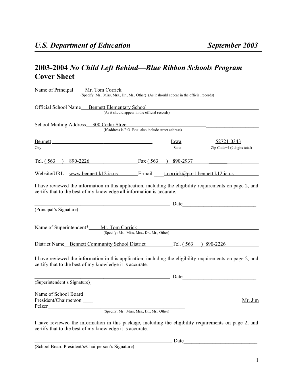 Bennett Elementary School 2004 No Child Left Behind-Blue Ribbon School Application (Msword)