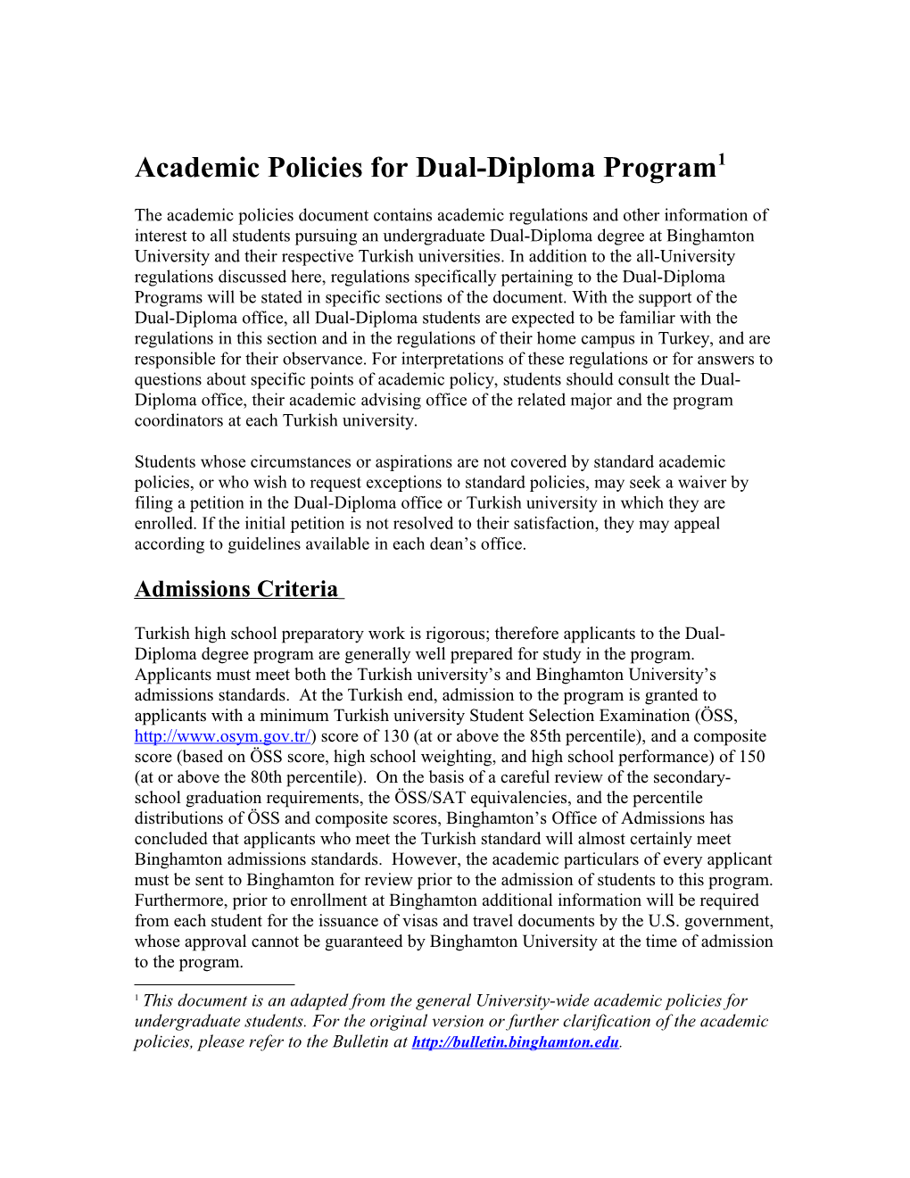 Academic Policies for Dual-Diploma Program