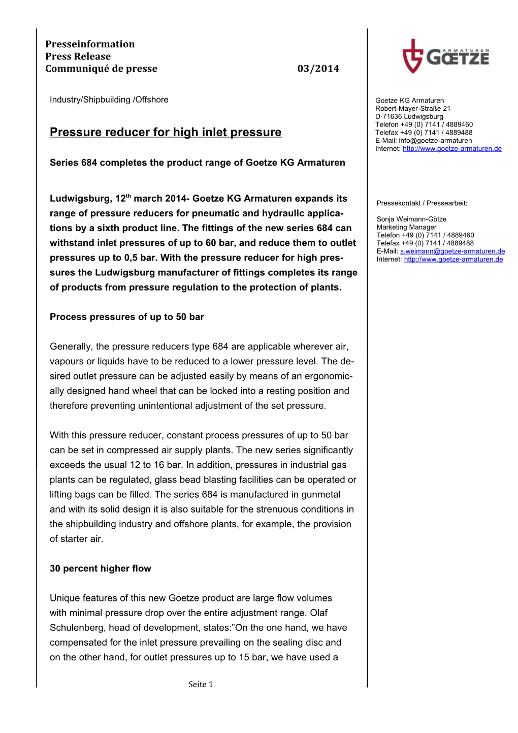 Pressure Reducer for High Inlet Pressure