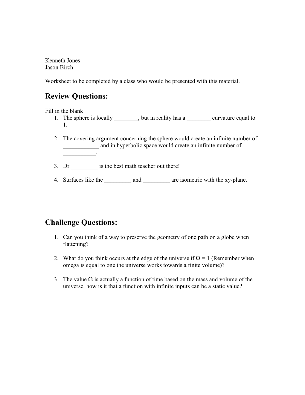 Worksheet to Be Completed by a Class Who Would Be Presented with This Material