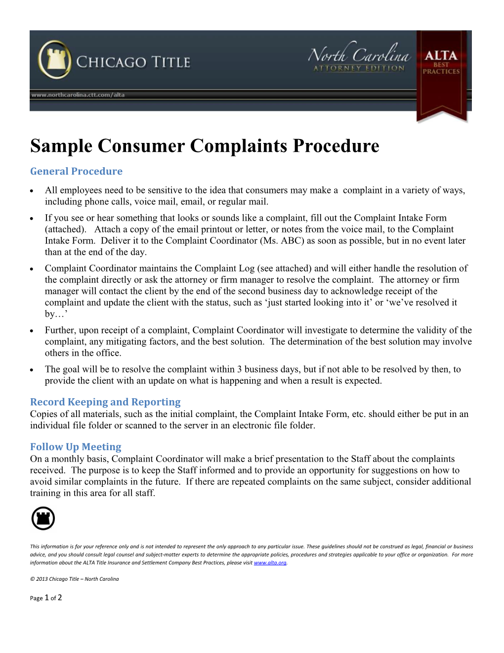 Sample Consumer Complaints Procedure