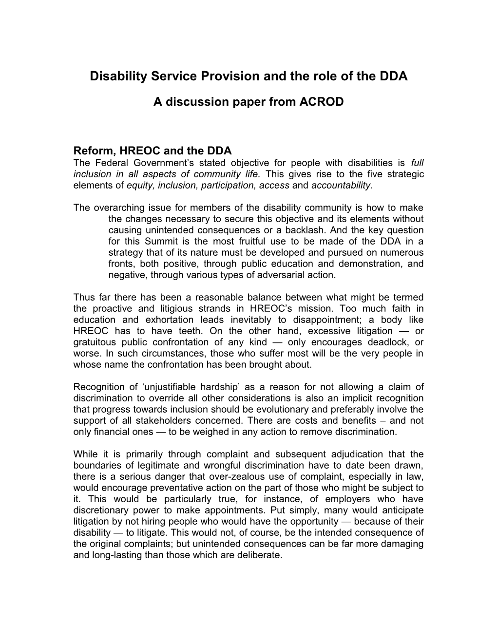 Disability Service Provision and the Role of the DDA