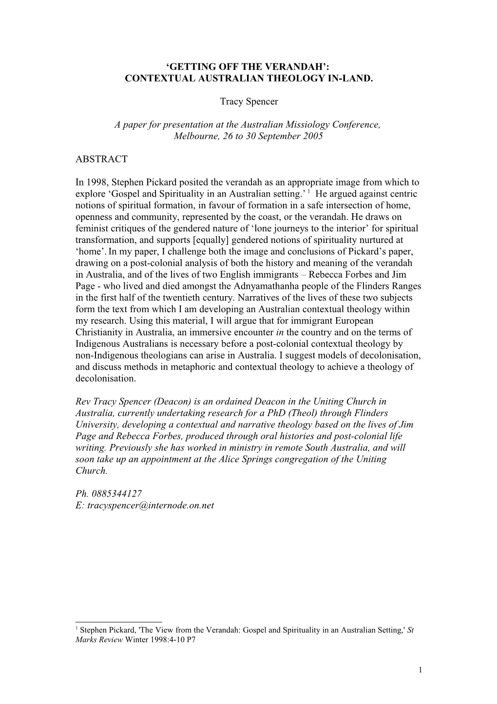 Abstract for Australian Missiology Conference 2005