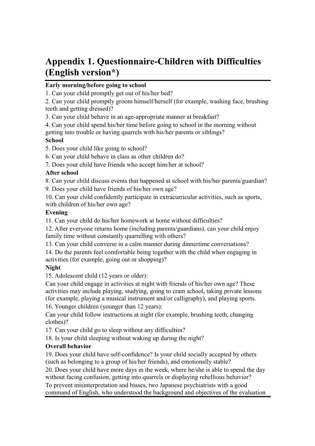 Appendix 1. Questionnaire-Children with Difficulties (English Version*)