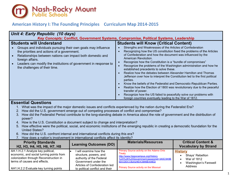 American History I: the Founding Principles Curriculum Map 2014-2015