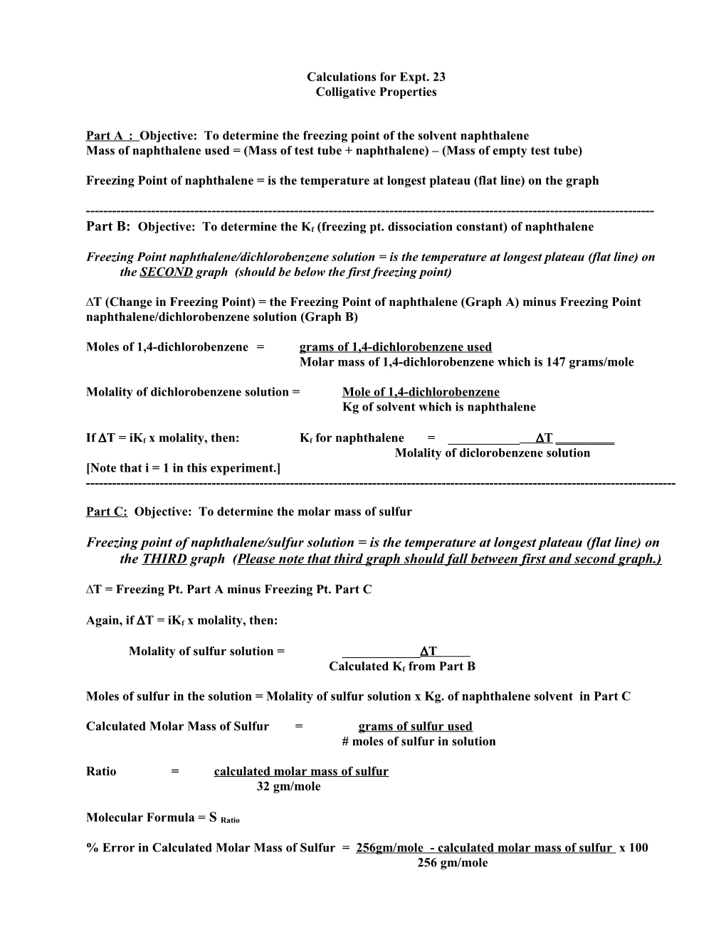 Calculations for Expt