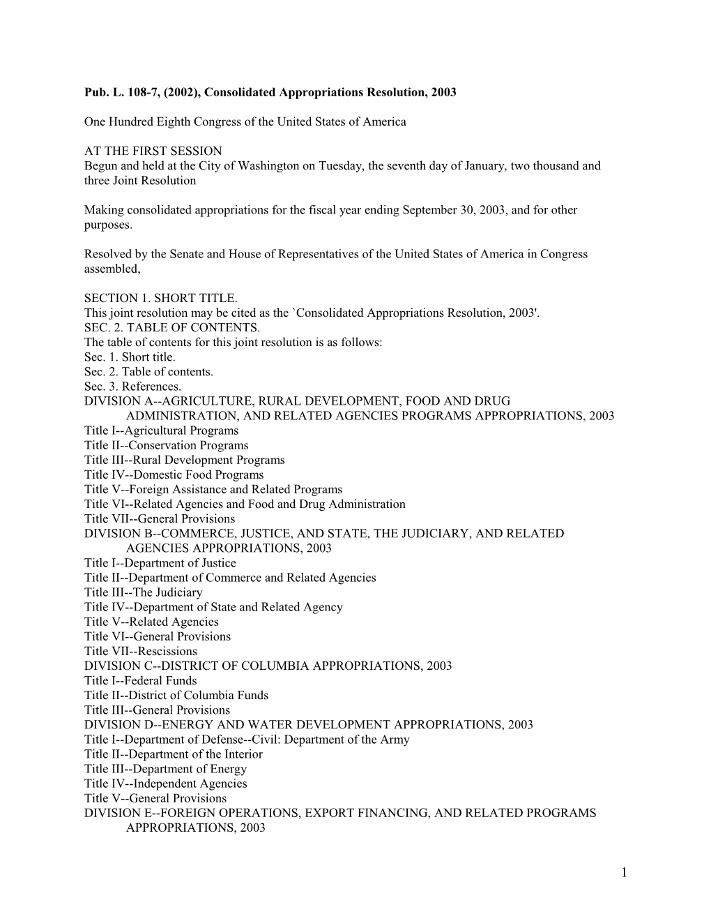 Pub. L. 108-7, (2002), Consolidated Appropriations Resolution, 2003