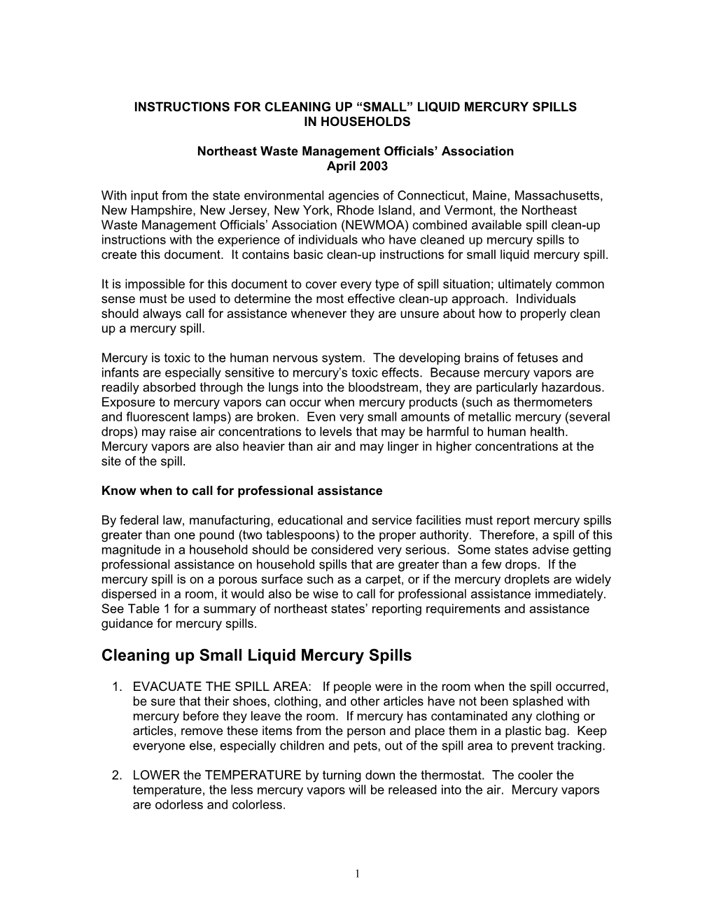 Instructions for Cleaning up Small Mercury Spills (Less Than 2 Tablespoons)