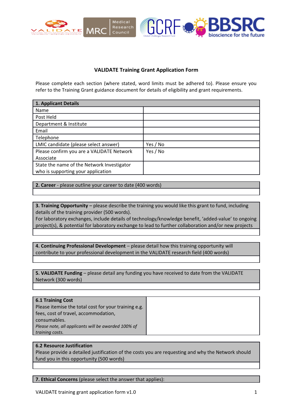 VALIDATE Training Grant Application Form
