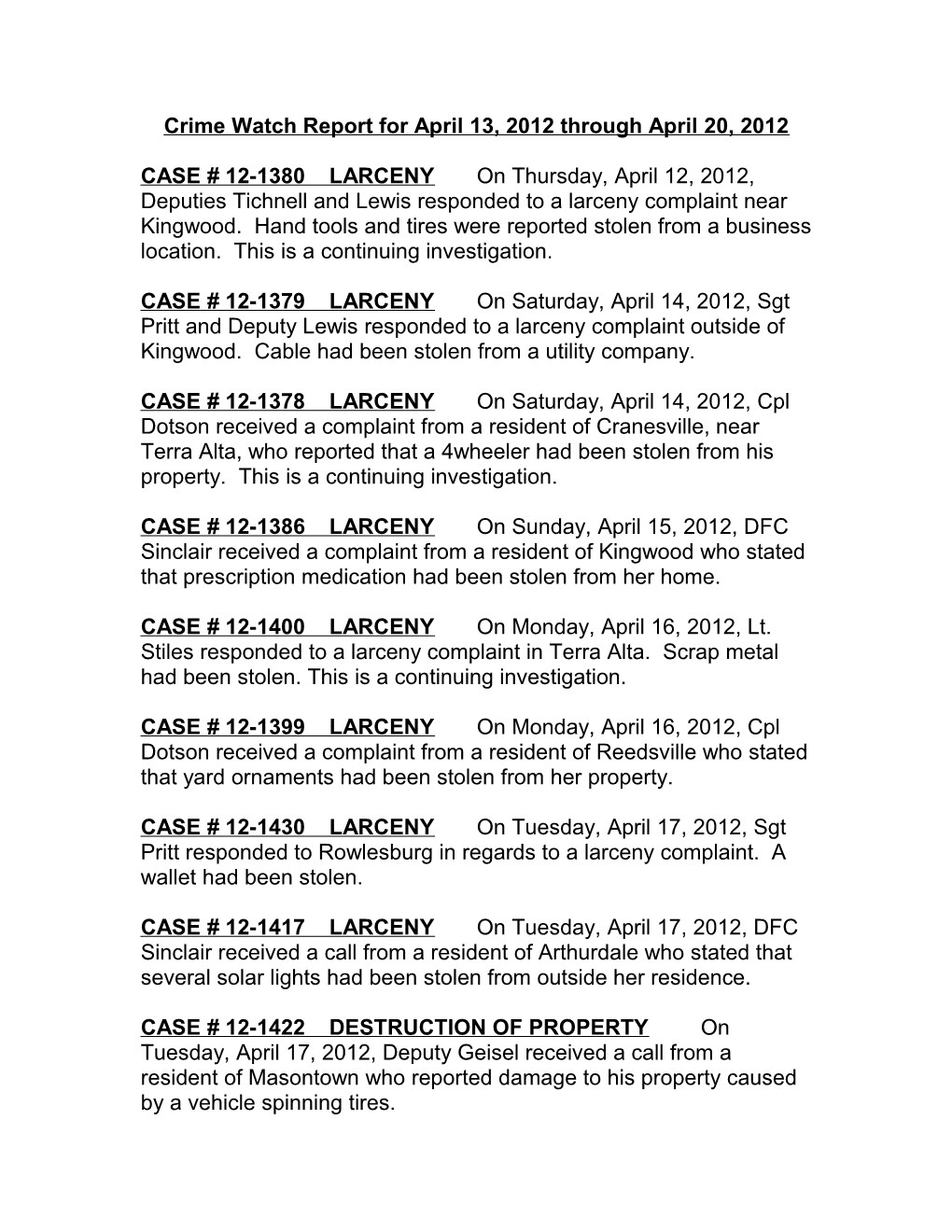 Crime Watch Report for April 13, 2012 Through April 20, 2012