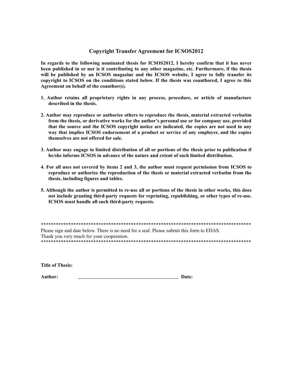 Copyright Transfer Agreement for ICSOS2012
