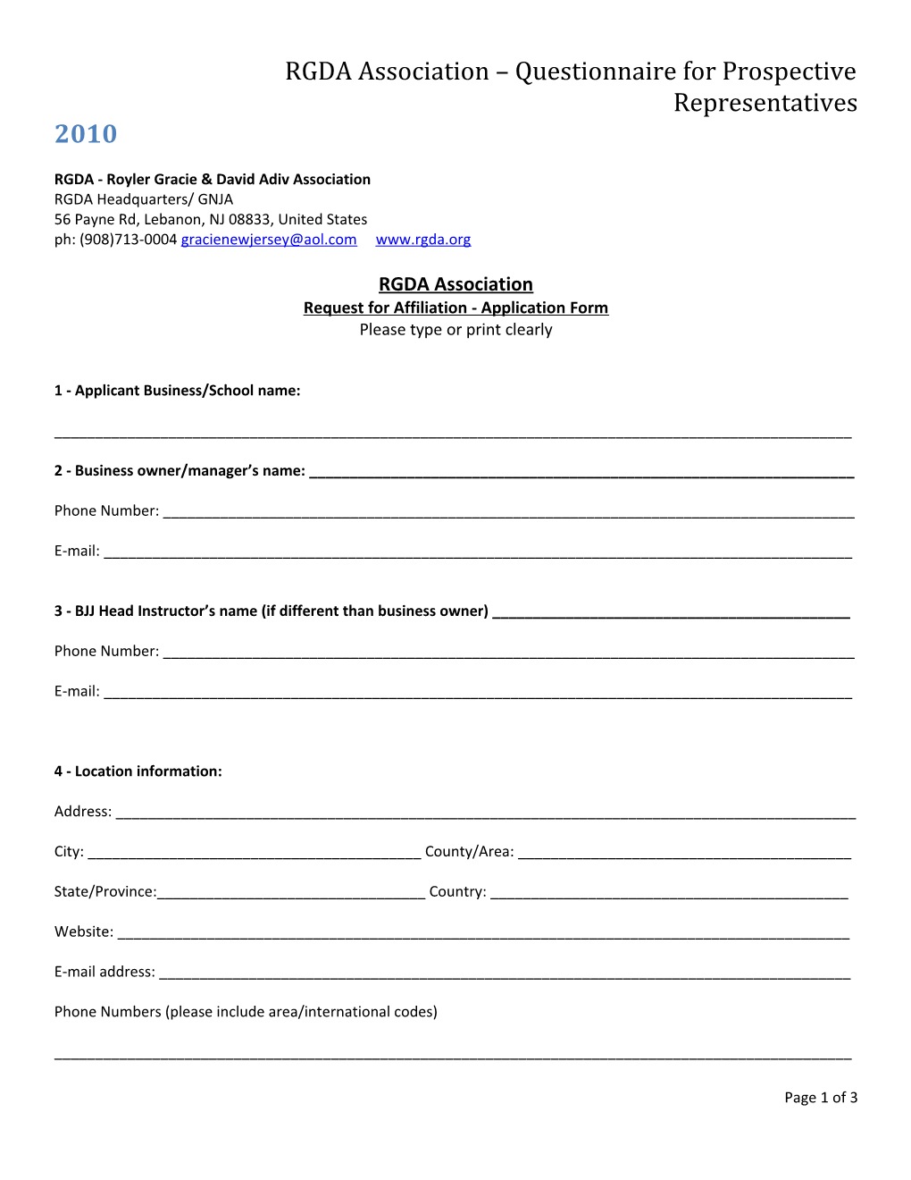 RGDA Association Questionnaire for Prospective Representatives