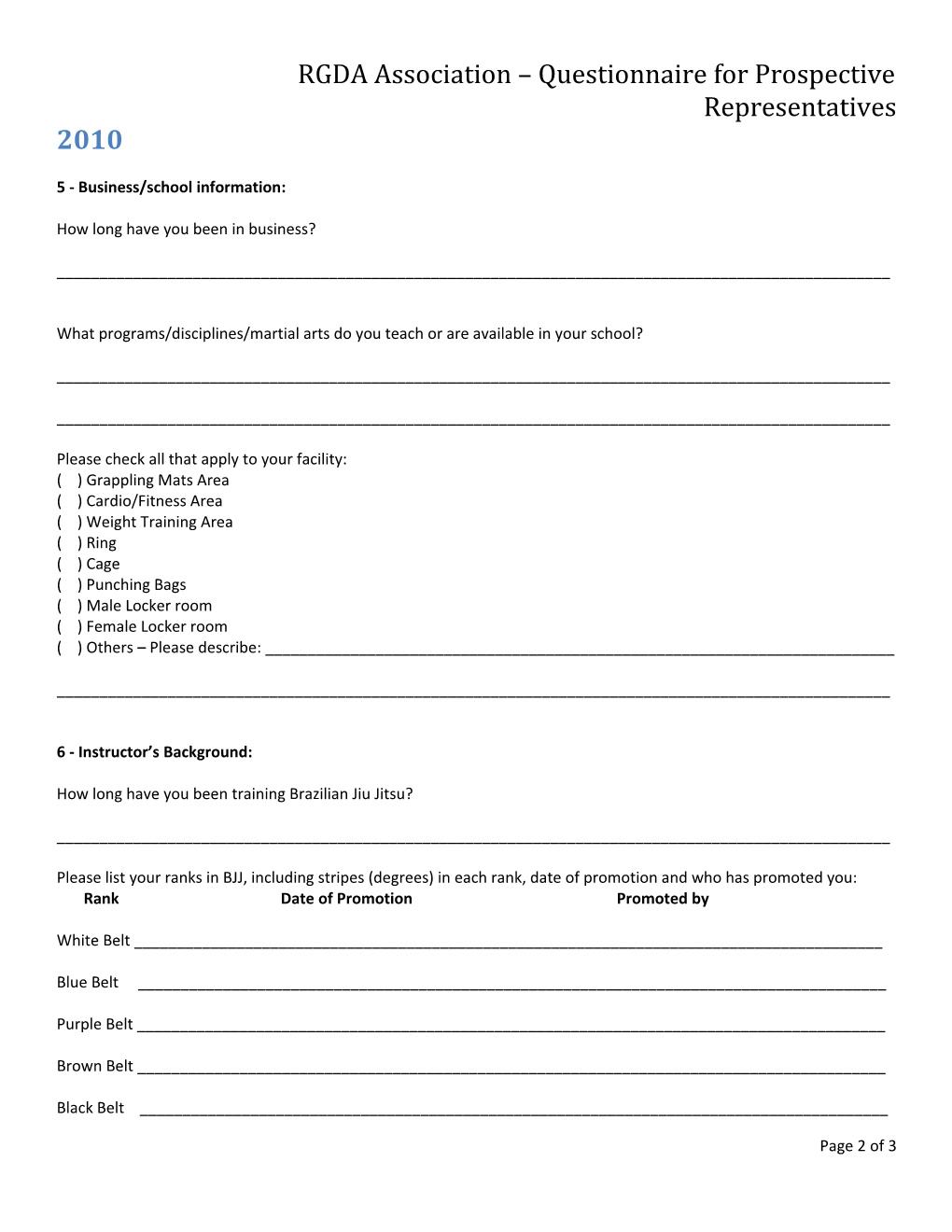 RGDA Association Questionnaire for Prospective Representatives
