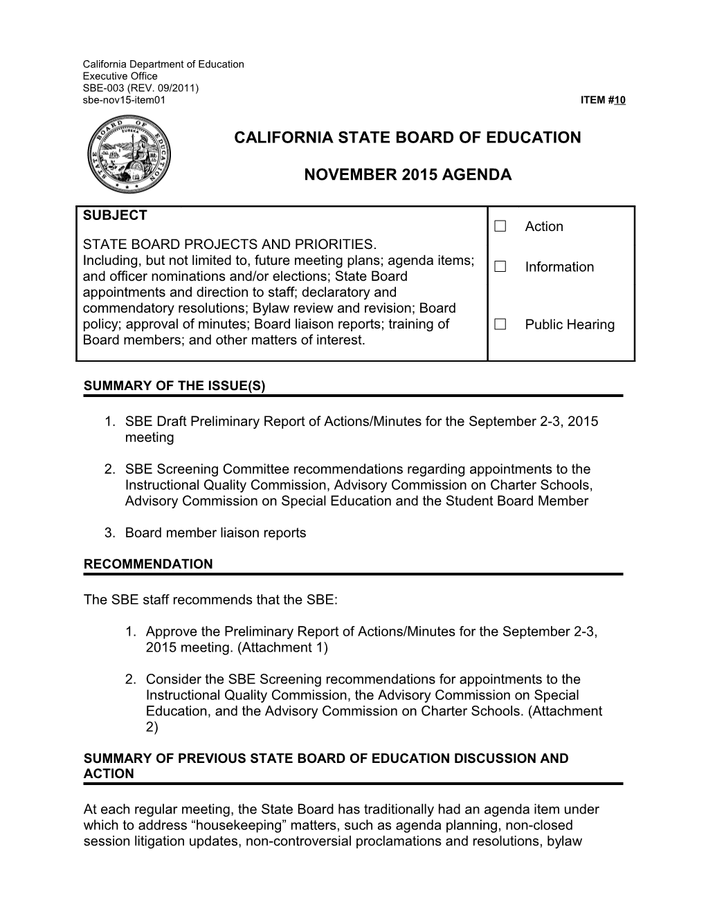 November 2015 Agenda Item 10 - Meeting Agendas (CA State Board of Education)