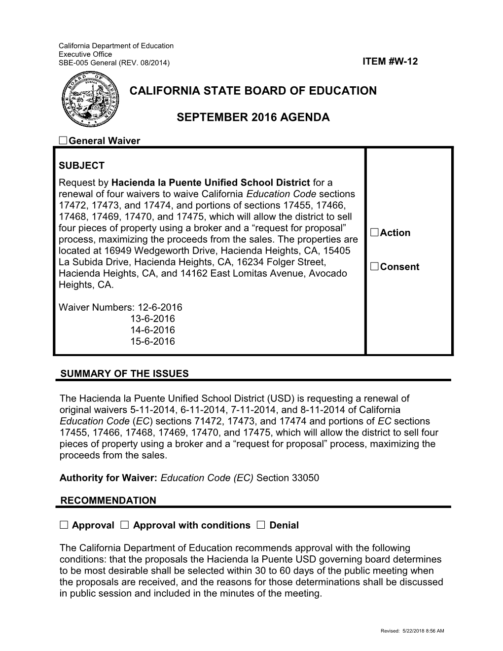 September 2016 Waiver Item W-12 - Meeting Agendas (CA State Board of Education)