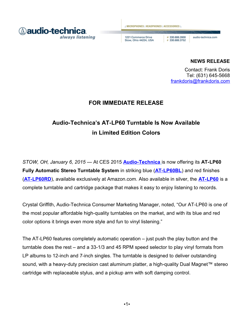 Audio-Technica AT-LP60 Press Release s1