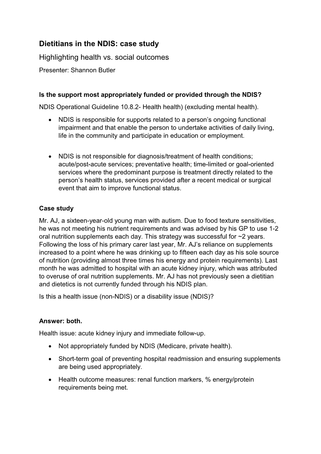 Dietitians in the NDIS: Case Study