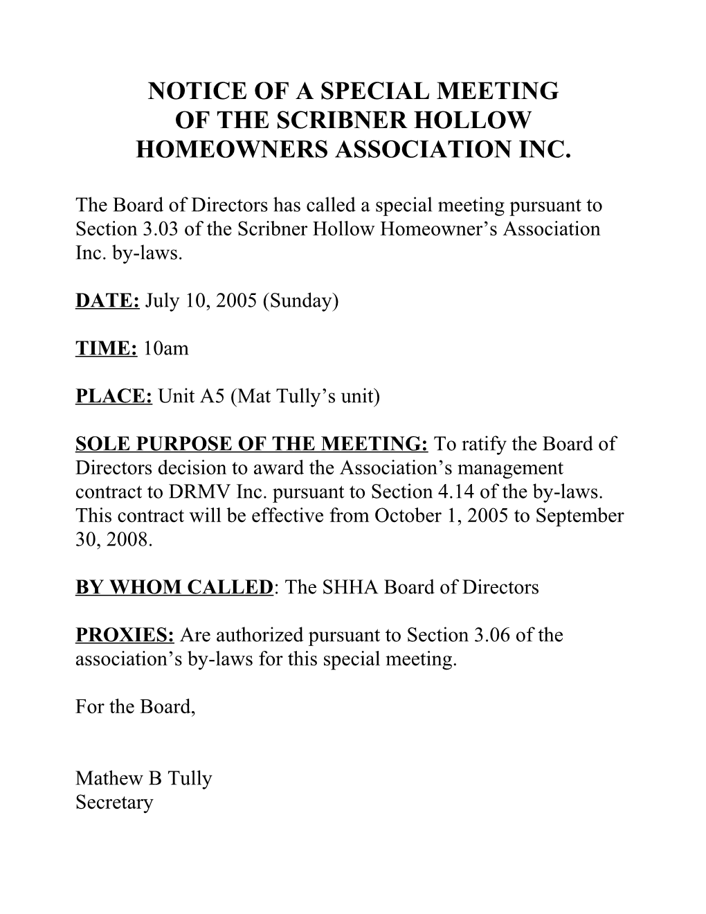 Notice of a Special Meeting