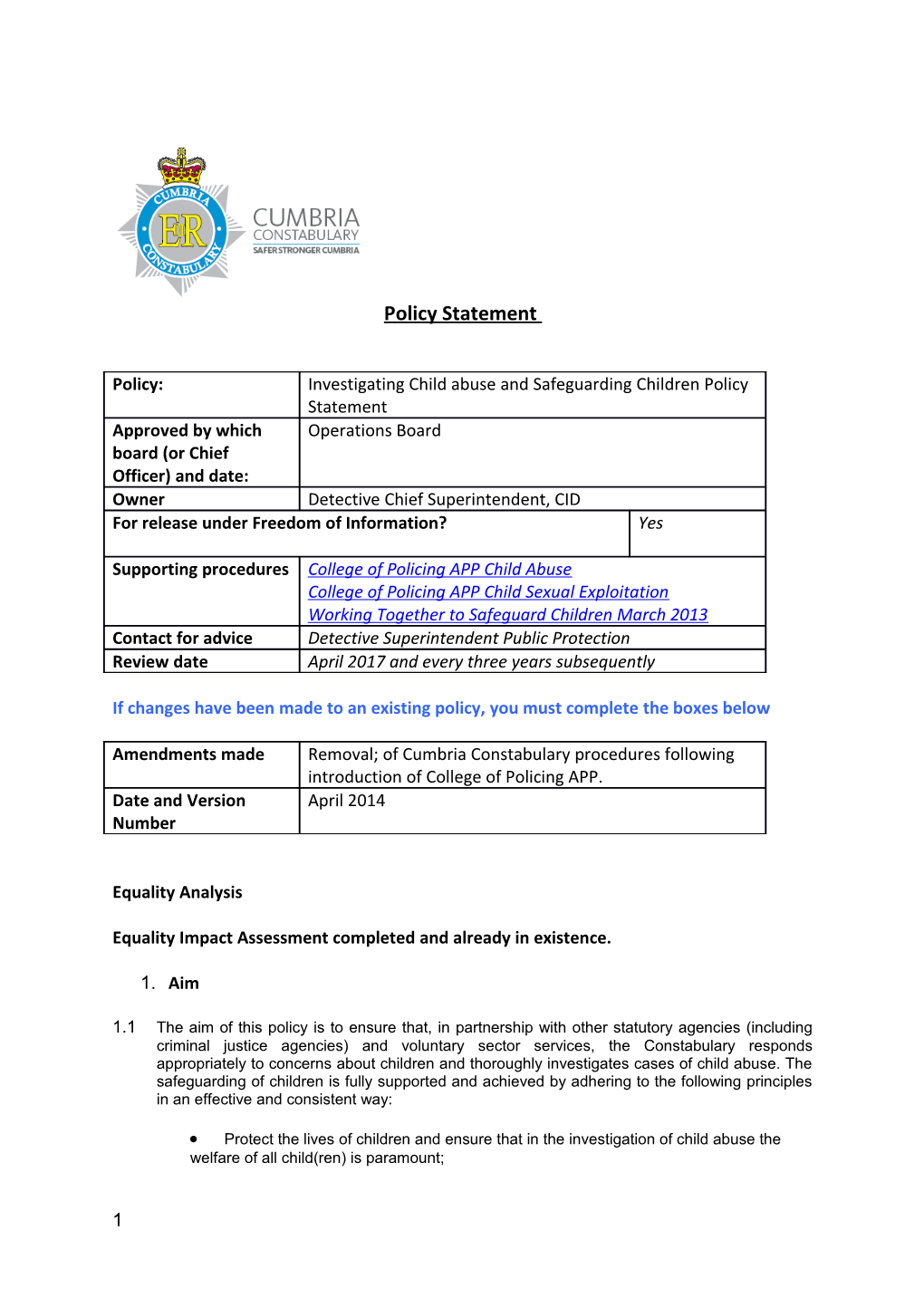 Investigating Child Abuse and Safeguarding Children Policy