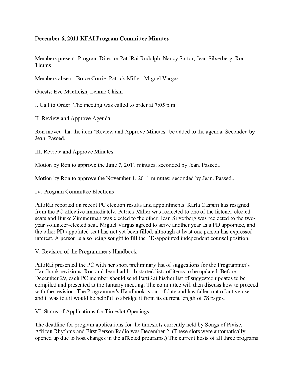 December 6, 2011 KFAI Program Committee Minutes